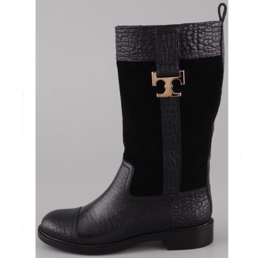 Tory Burch Moto Riding Mid Calf Pebbled Leather Boot